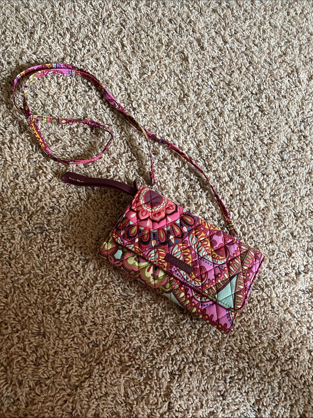 Vera Bradley Pink Paisley Quilted Crossbody Wallet with Multicolor Accents